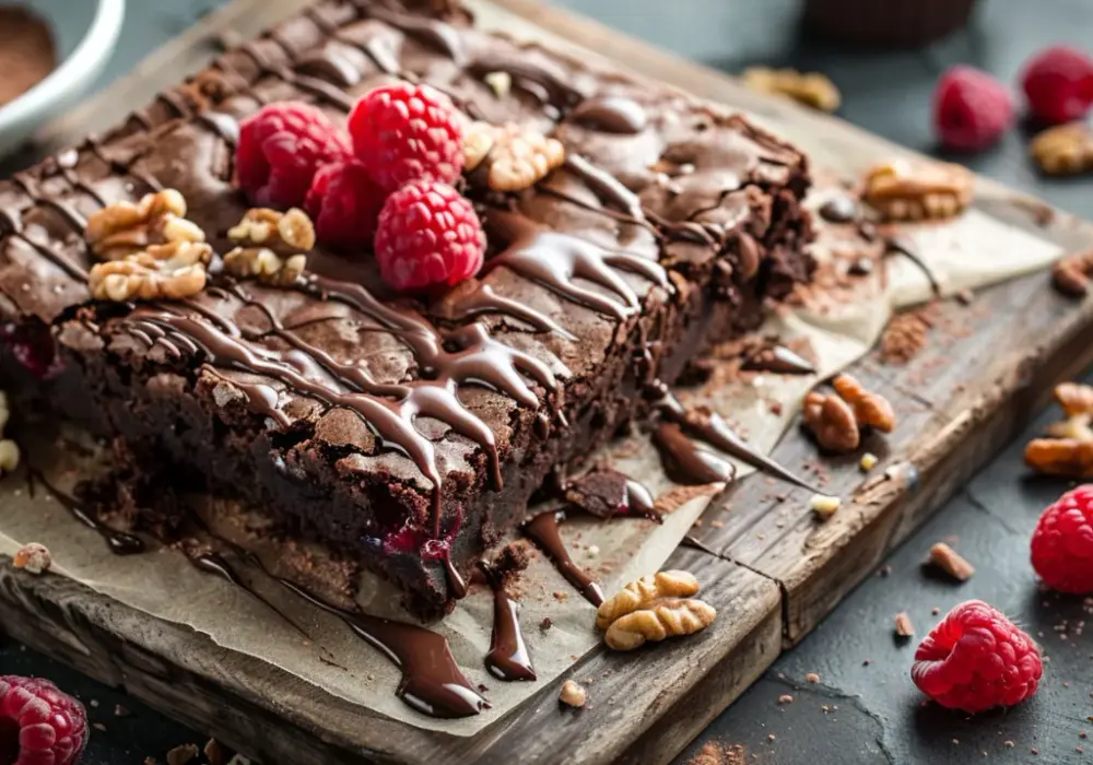 Przepis na brownie z malinami, czekoladą i orzechami