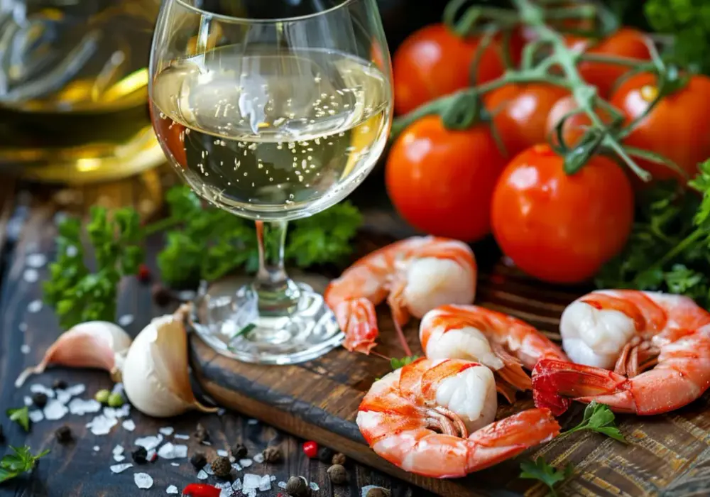 Krewetki z pomidorami, czosnkiem, natką pietruszki i białym winem