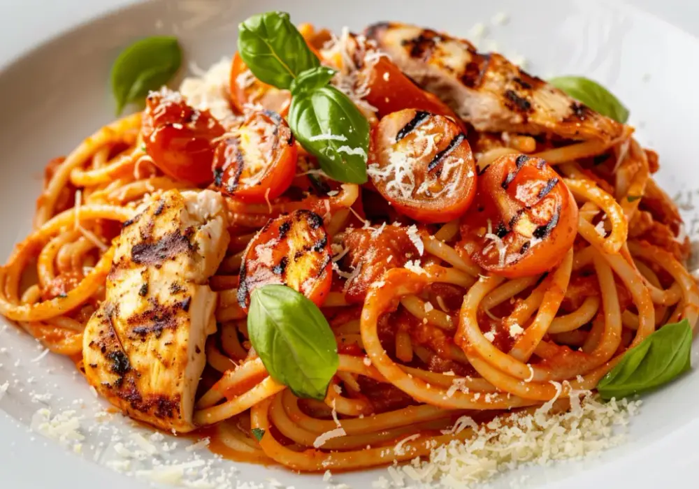 Pesto czerwone z makaronem spaghetti, kurczakiem i pomidorami