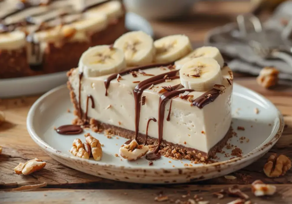 Sernik bananowy na zimno z polewą czekoladową i orzechami
