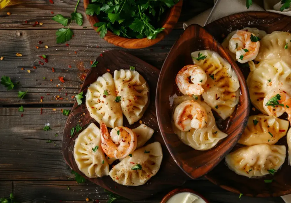 Pierogi i pierożki z krewetkami, serem i natką pietruszki
