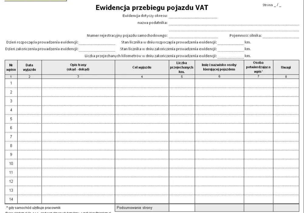 Ewidencja przebiegu pojazdu wzór: darmowy wzór do wydruku