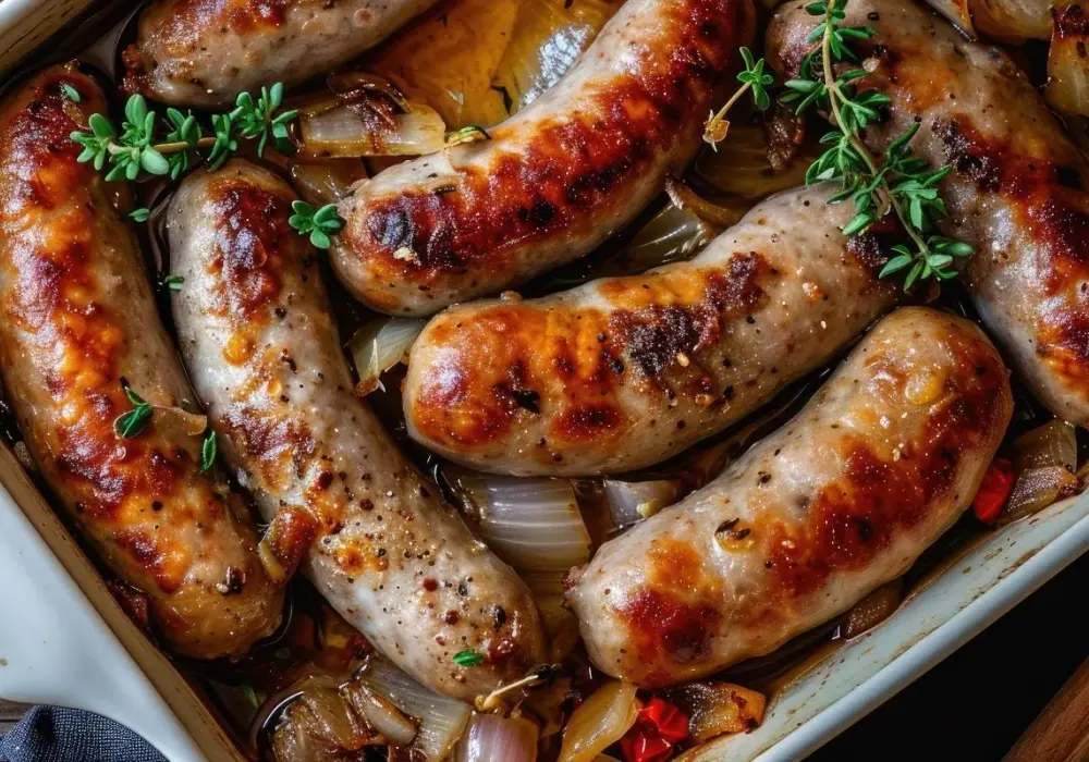 Pieczona biała kiełbasa - soczysta i idealnie zrumieniona