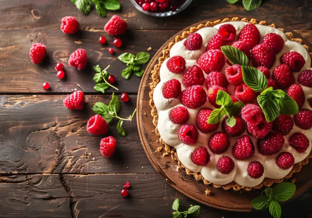 Tarta z białą czekoladą, malinami i bezą