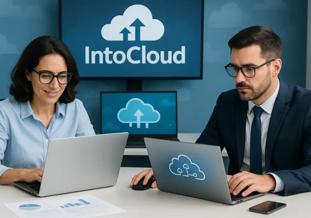 Dwoje specjalistów przy biurkach z laptopami i ekranami IntoCloud — usługi chmurowe, backup danych i aplikacje chmurowe