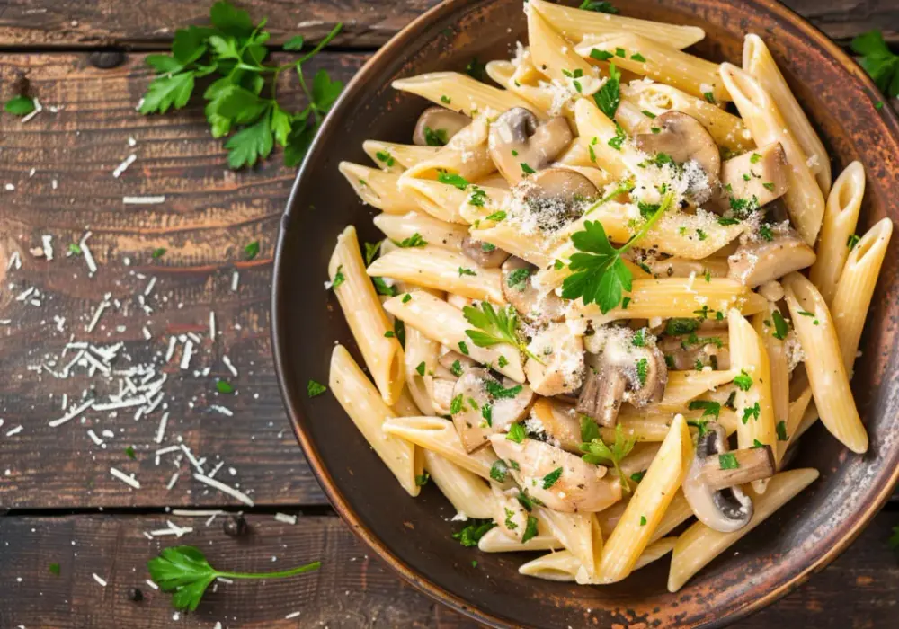 Makaron penne z kurkami, kurczakiem i śmietaną