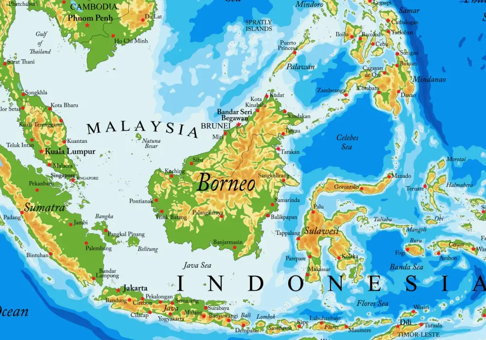 Szczegółowa mapa Borneo ze wszystkimi atrakcjami i miastami na wyspie