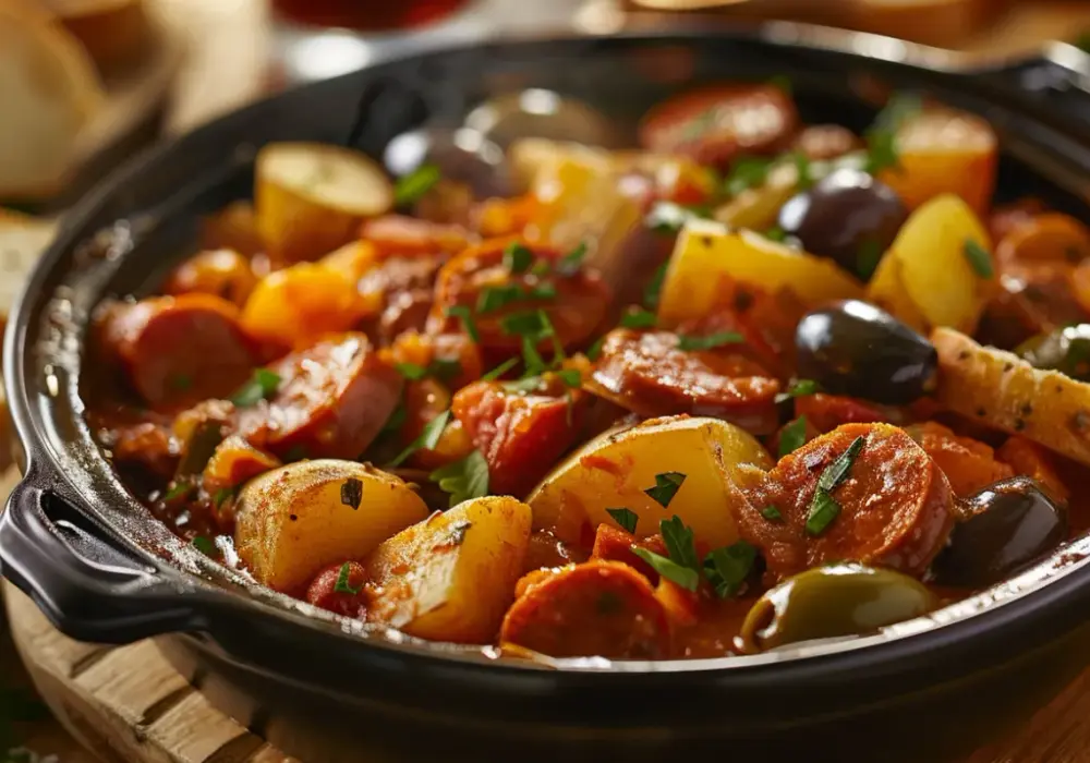 Hiszpański gulasz z chorizo, ziemniakami i oliwkami