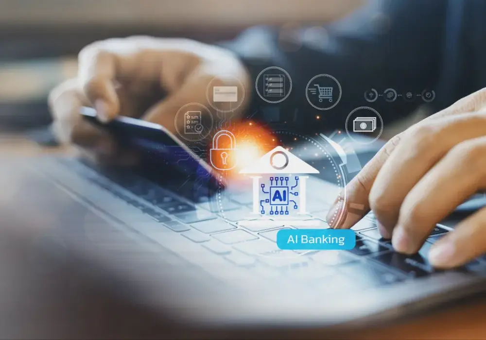 Hologramy symbolizujące wykorzystanie AI w bankowości oraz człowiek trzymający kartę płatniczą i piszący na laptopie w tle