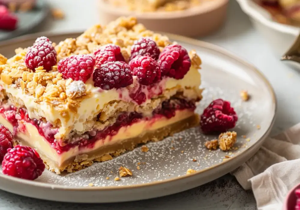 Placek i tarta z malinami, budyniem i kruszonką