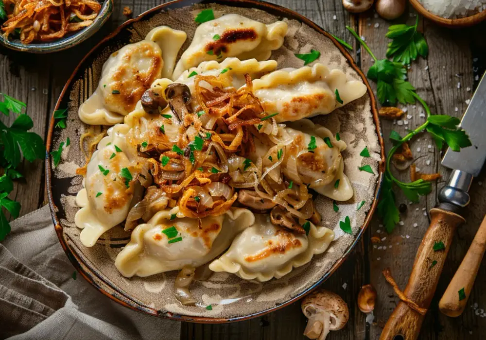 Pierogi z kapustą kiszoną, grzybami i mięsem mielonym