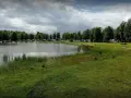 Vacker sjö vid Torsvikens camping med husbilar och träd.