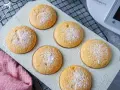 Sechs goldbraune Muffins, mit Puderzucker bestäubt, warten auf ihre Verkostung. Perfekt aus dem Thermomix!