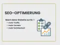 SEO-Optimierung: Mehr Traffic, Umsatz & Sichtbarkeit für deine Website. Checkliste, Diagramm & Link-Symbol illustrieren die Aufgaben.