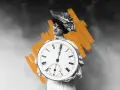 A woman in a vintage hat holds a large clock, its hands pointing to the fifth canonical hours.