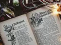 Otwarta księga z baśniami braci Grimm, ilustracje i tekst w języku niemieckim, otoczona suszonymi liśćmi i lampkami.