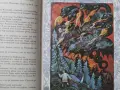 Ilustracja do baśni o złotym ptaku: smok ziejący ogniem atakuje las, gdzie stoi chłopiec z kosą.