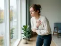 Woman with hands on chest looking out a window, appearing distressed.