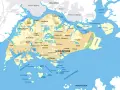 Mapa Singapuru z zaznaczonym miastem, okolicznymi wyspami, Malezją i Indonezją.