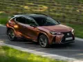 Miedziany Lexus UX 300h sunie po krętej drodze wśród zieleni.