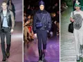 Modelli in passerella mostrano diversi stili di taglio pantaloni uomo: slim fit gessato, dritto blu navy e chino bianchi.