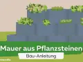 Graue Pflanzsteine bilden eine gestufte Mauer, bepflanzt mit grünen Blättern und bunten Blüten. Tolle Ideen für Ihre Mauer aus Pflanzsteinen.