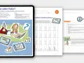 Illustration einer jungen Frau, die auf einem Laptop tippt, umgeben von Icons wie Lupe, Fragezeichen und Nachrichten.