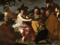 Un grupo de hombres celebra con vino, una escena típica de las pinturas del barroco. Un joven coronado de hojas parece ser el centro de atención.
