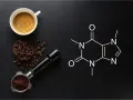 Kawa, ziarna, portafiltr i wzór chemiczny kofeiny w tabletkach.