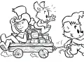 A cartoon bear pulls a wagon filled with honey jars, with a rabbit and a boy riding in it.
