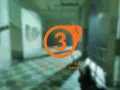 El logo de Half-Life 3, con el número 3 en naranja dentro del símbolo Lambda, sobre un fondo borroso de un pasillo.