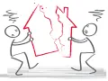 Deux personnages tentent de séparer une maison rouge, symbolisant les inconvénients d'une communauté universelle divisée.