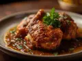 Pollo en salsa de la abuela Carmen, jugoso y cubierto de una rica salsa, servido en un plato con perejil fresco.