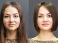 Przed i po: długie włosy kontra krótki bob. Idealne fryzury dla grubych twarzy, które wysmuklają.