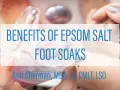 Hands preparing an Epsom salt foot soak, with text overlay.