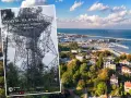Metalowa konstrukcja przypominająca wieżę widokową, z której rozpościera się panorama Gdyni z portem i morzem.