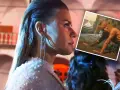 Natasza Urbańska w kadrze z jednego ze swoich filmów, w błyszczącej kreacji. W rogu zdjęcie z innej sceny.