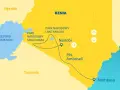 Mapa turystyczna Kenii z zaznaczonymi parkami narodowymi (Masai Mara, Lake Nakuru, Amboseli), Nairobi, Mombasą i Jeziorem Wiktorii.