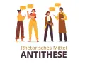 Vier Personen im Gespräch, die das rhetorische Stilmittel Antithese veranschaulichen.