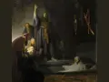 Rembrandt, Syn marnotrawny. Ojciec wita powracającego syna, otoczeni tłumem. W tle miecz i kołczan.