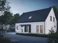 Modern vit villa med mörkt tak, perfekt inspiration framsida hus. En bil parkerad på uppfarten.