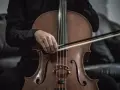 Eine Hand hält den Bogen über dem Violoncello-Instrument, bereit, die Saiten zum Klingen zu bringen.