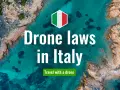 Aerial view of a stunning Italian coastline with text overlay: "Drone laws in Italy. Travel with a drone.