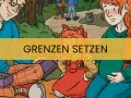 Zwei Erwachsene und ein Kind mit frechen Gesichtern sitzen im Gras. Ein gelbes Banner mit der Aufschrift "Grenzen setzen" überlagert die Szene.