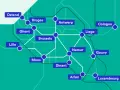 Map showing train routes connecting major cities in Belgium, including Brussels, Antwerp, and Ghent, with international connections to Lille, Cologne, and Luxembourg.