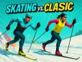 Två skidåkare tävlar, en i skate-stil och en i klassisk stil. De visar upp olika skidstilar i en dynamisk illustration.
