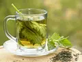 Une tasse en verre remplie d'infusion ortie, avec des feuilles fraîches et séchées à côté.