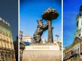Trzy ujęcia z Puerta del Sol: budynek z neonem Tio Pepe, pomnik niedźwiedzia i drzewa, oraz wieża zegarowa.