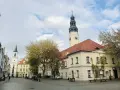 Zielona Góra rynek z ratuszem i wieżą zegarową. W tle kościół i kamienice.