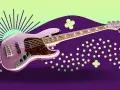Glitzernder lila E-Bass mit fünf Saiten, ein Beispiel für hochwertige E-Bass-Marken, vor einem lila und hellgrünen Hintergrund mit Punkten und Strahlen.